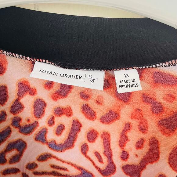 Susan Graver Liquid Knit size 1X V Neck abstract animal print colorful pullover - Picture 2 of 9